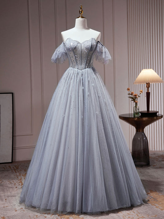 A-Line Gray Blue Tulle Sequin Beading Long Prom Dress Evening Dress Off Shoulder