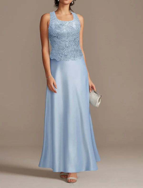 Sheath / Column Mother of the Bride Dress Wedding Guest Elegant Scoop Neck Floor Length Polyester 3/4 Length Sleeve Short Jacket Dresses with Lace Sky Blue