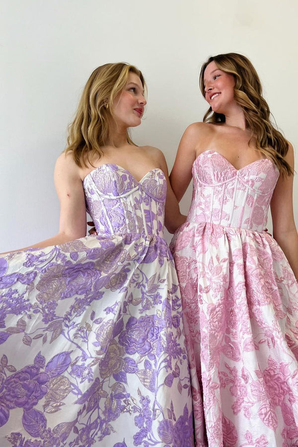 A-Line Sweetheart Floral Printed Long Prom Dresses Off Shoulder Beautiful