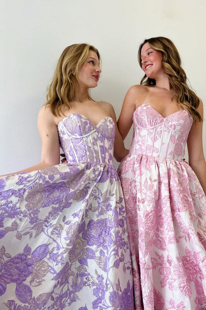 A-Line Sweetheart Floral Printed Long Prom Dresses Off Shoulder Beautiful