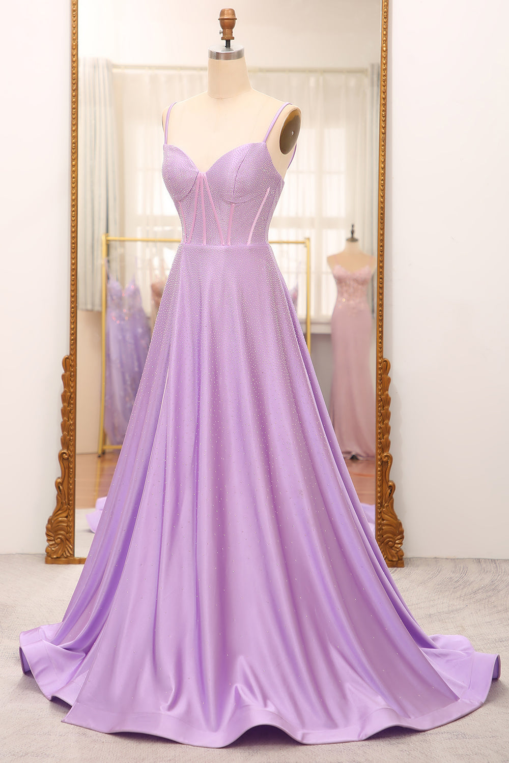 Simple Sparkly Lilac A-Line Side Slit Corset Prom Dresses With Rhinestones Beautiful
