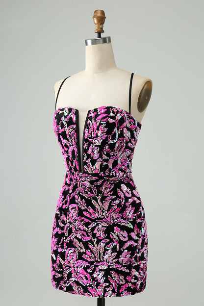 Pretty Fuchsia Black Bodycon Sparkly Sequin Short Homecoming Dress Sexy
