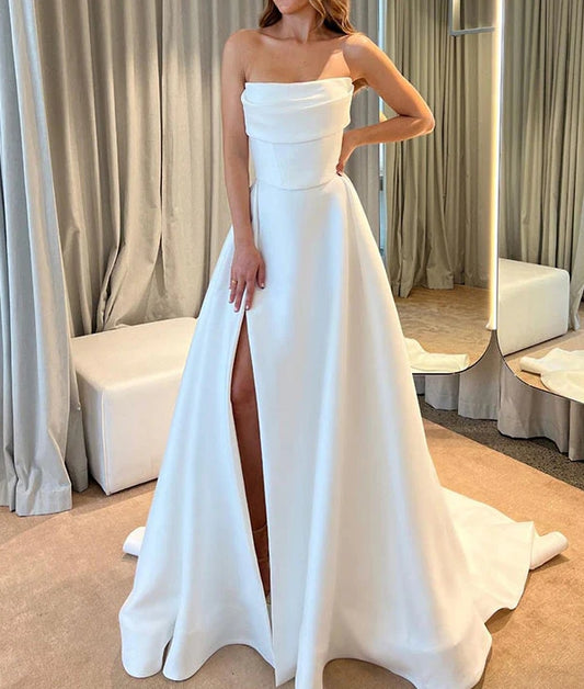 Strapless Sleeveless Court Train Satin Wedding Dresses With Split Front Off Shoulder Simple