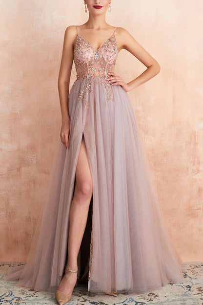 Grey Pink Sheath V-neck Tulle Long Prom Dress With Slit Sexy