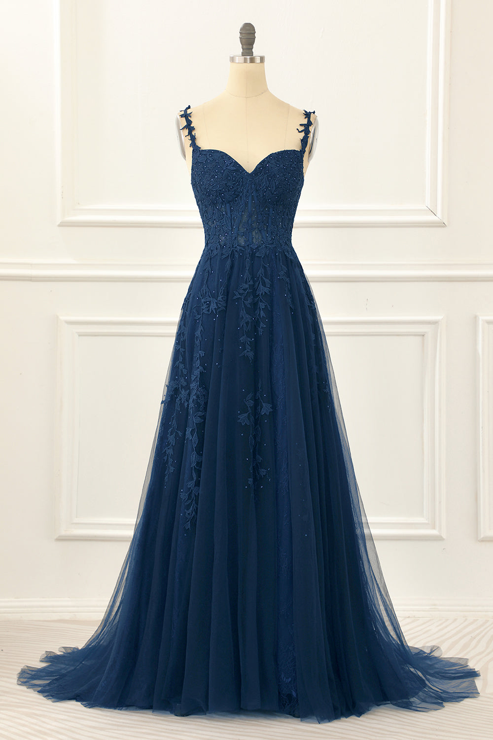 Navy Tulle A Line Corset Prom Dress With Appliques Beautiful