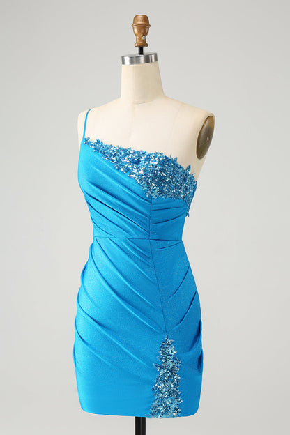 Sparkly Blue Bodycon One Shoulder Pleated Short Homecoming Dress with Sequins Sexy