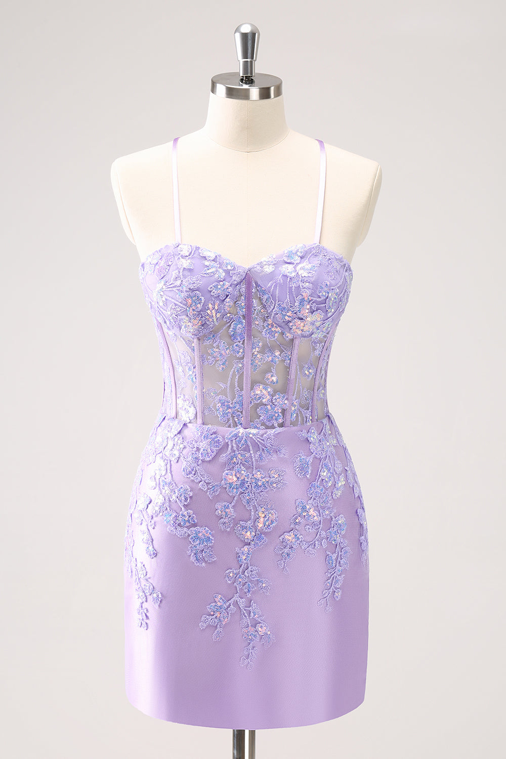 Sparkly Lilac Bodycon Spaghetti Straps Sequin Corset Homecoming Dress with Appliques Beautiful
