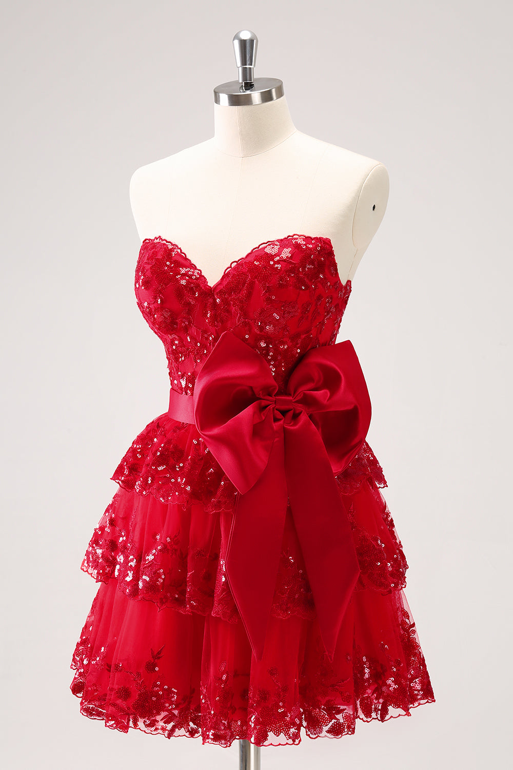 Sparkly Red A Line Sweetheart Corset Tiered Ruffle Homecoming Dress with Bows Off Shoulder