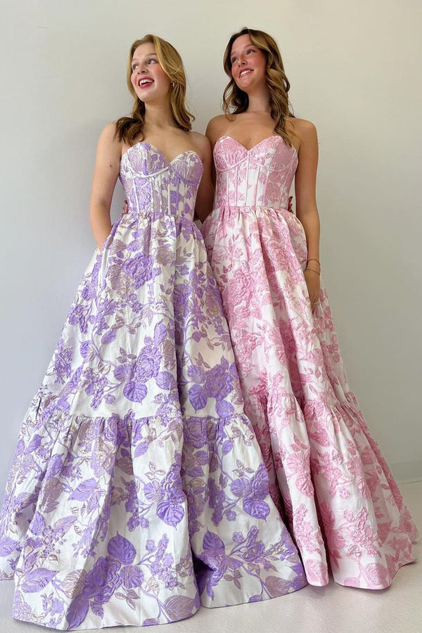 A-Line Sweetheart Floral Printed Long Prom Dresses Off Shoulder Beautiful