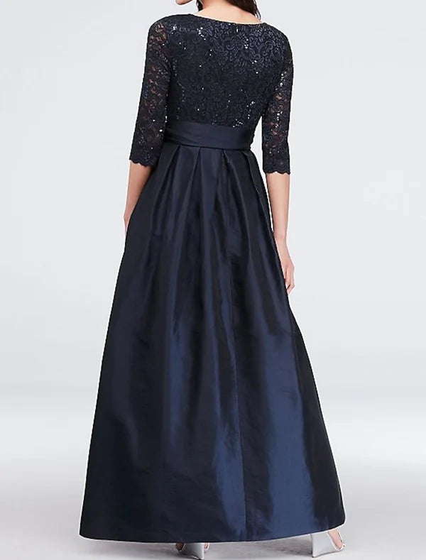 A-Line Mother of the Bride Dress Elegant V Neck Floor Length Satin Lace 3/4 Length Sleeve with Sash / Ribbon Pleats Dark Navy