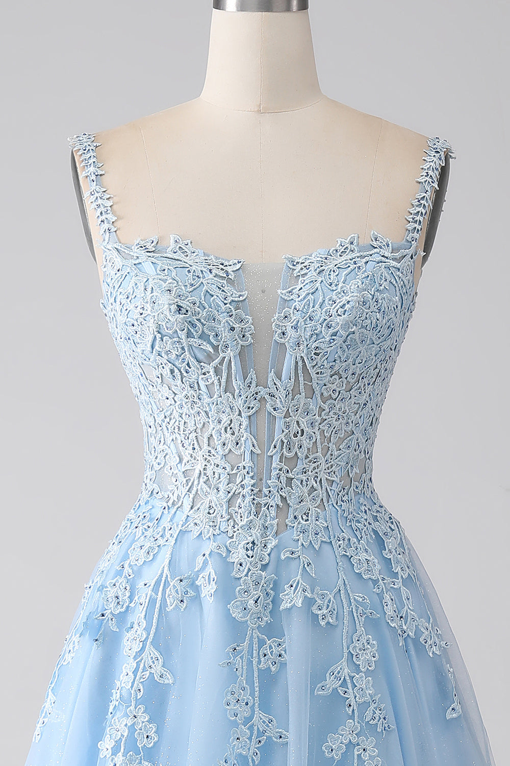 A-Line Light Blue Corset Prom Dress with Appliques Floor Length Beautiful