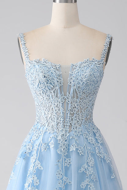 A-Line Light Blue Corset Prom Dress with Appliques Floor Length Beautiful