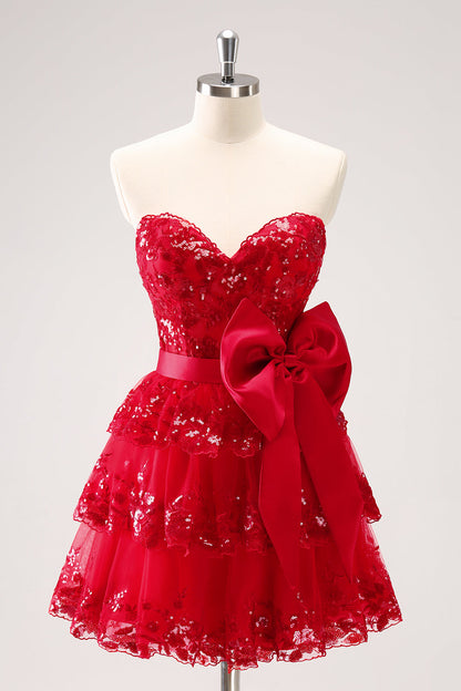 Sparkly Red A Line Sweetheart Corset Tiered Ruffle Homecoming Dress with Bows Off Shoulder