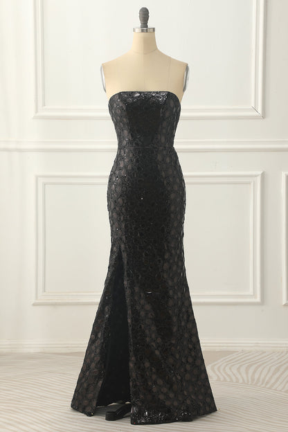 Black Sheath Strapless Sequins Prom Dress Off Shoulder Sexy Evening Dress