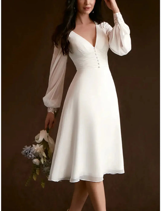 Little White Dresses Wedding Dresses A-Line V Neck Long Sleeve Knee Length Chiffon Bridal Gowns