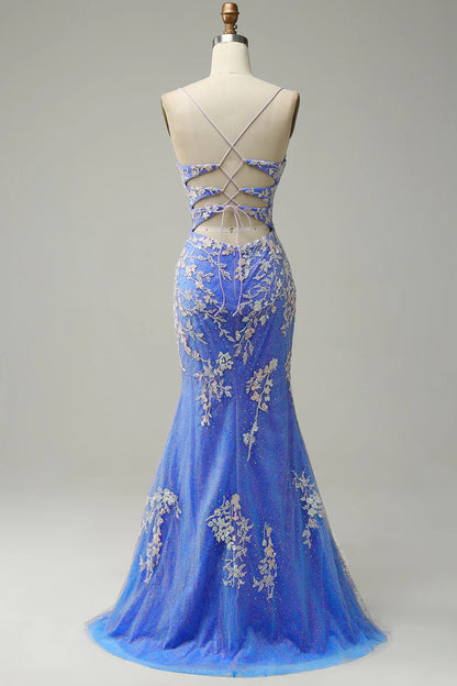 Mermaid V Neck Light Blue Beading Long Prom Dress with Appliques