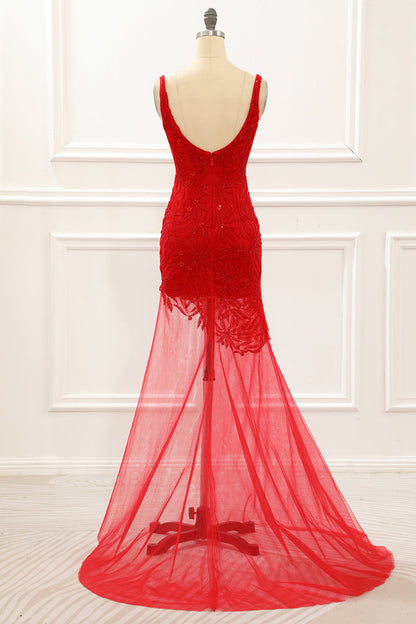 Asymmetrical Red Prom Dress With Embroidery V-neck Sexy Evening Dress