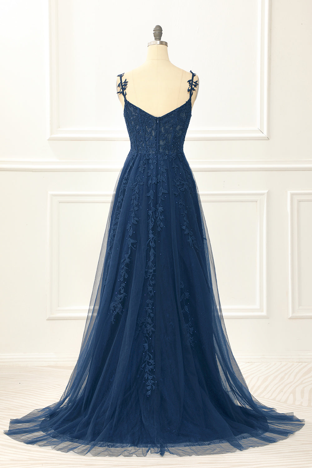 Navy Tulle A Line Corset Prom Dress With Appliques Beautiful