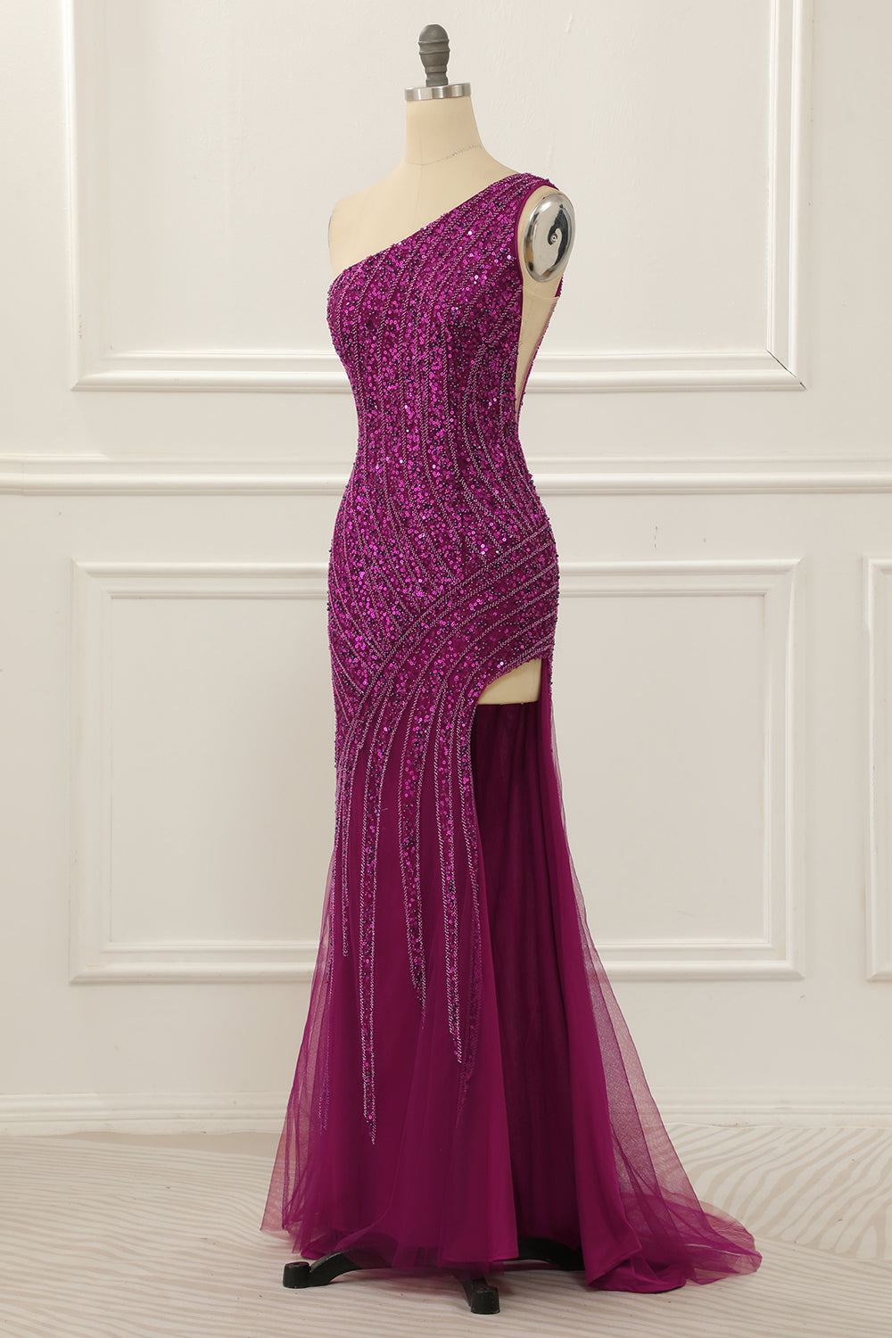 One Shoulder Purple Beaded Prom Dress With Slit Sparkly Evening Dress