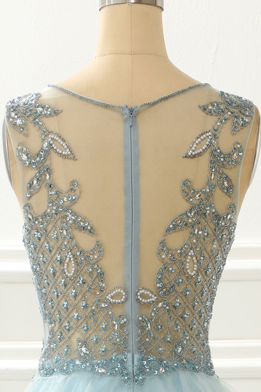 A Line Light Blue Beading Prom Dress With Appliques V-neck Beautiful