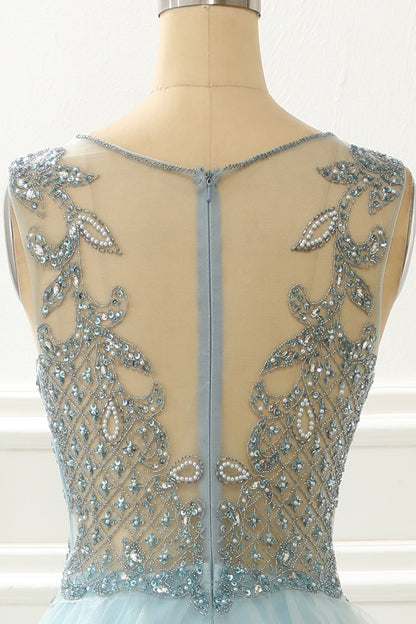A Line Light Blue Beading Prom Dress With Appliques V-neck Beautiful