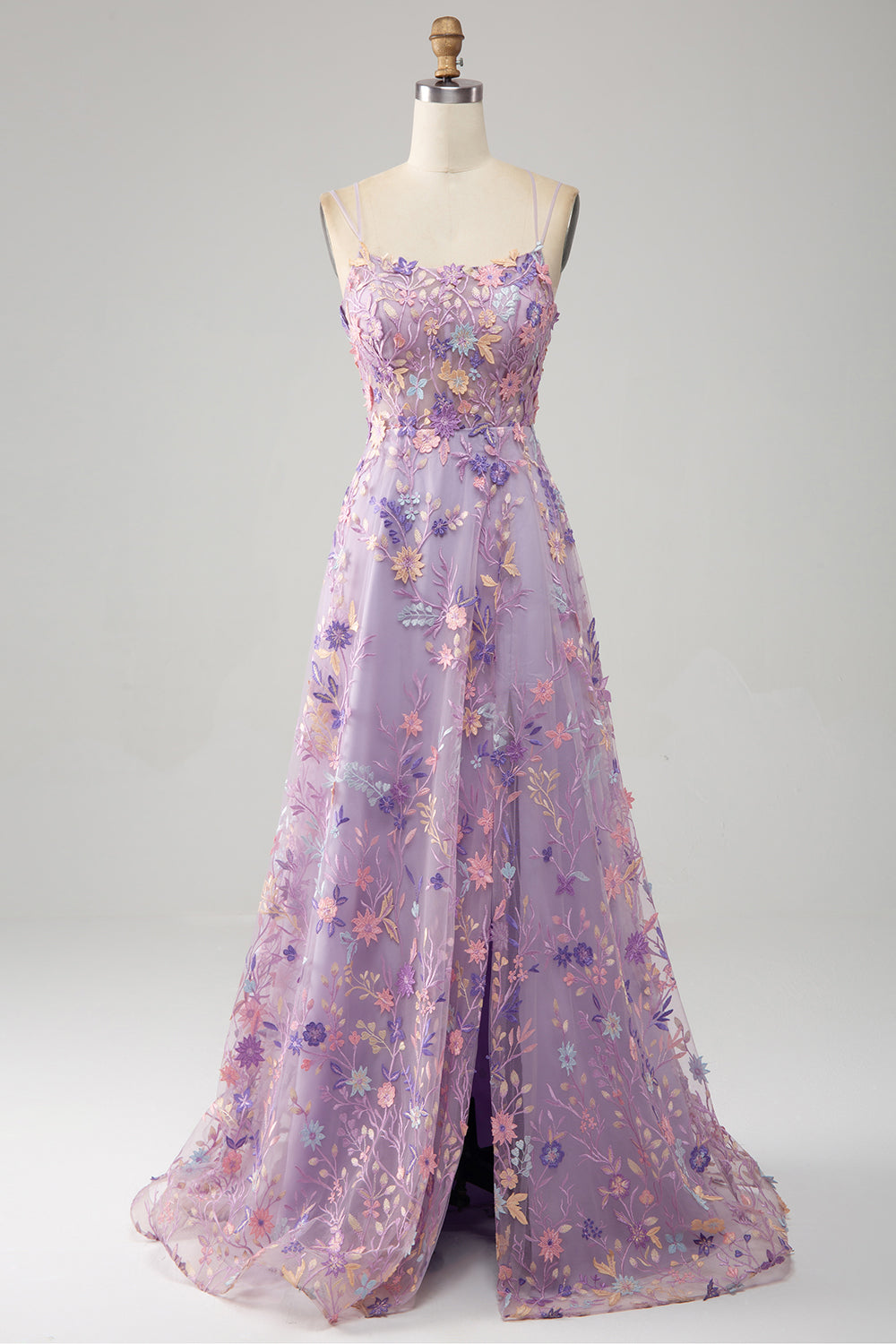 Light Purple A-Line Spaghetti Straps Long Prom Dress with Appliques Flowers