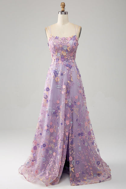 Light Purple A-Line Spaghetti Straps Long Prom Dress with Appliques Flowers