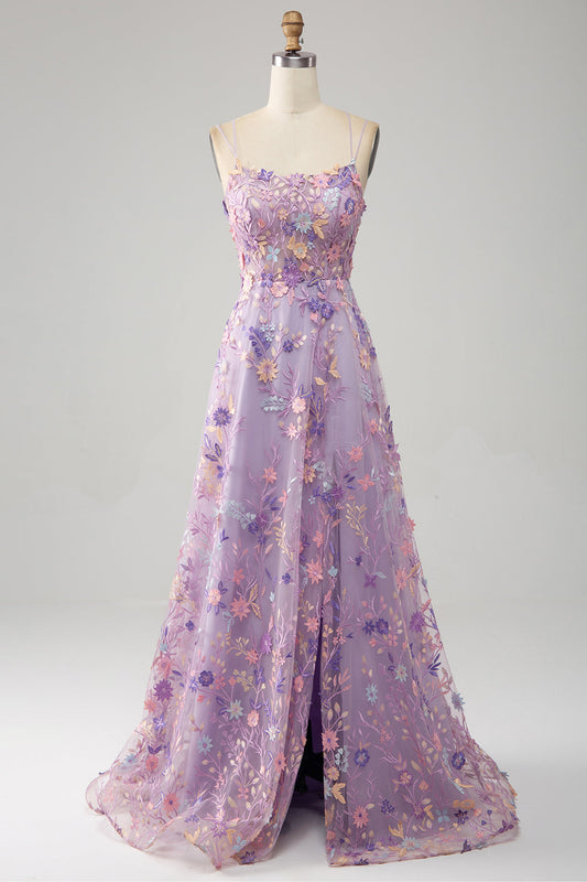 Light Purple A-Line Spaghetti Straps Long Prom Dress with Appliques Flowers