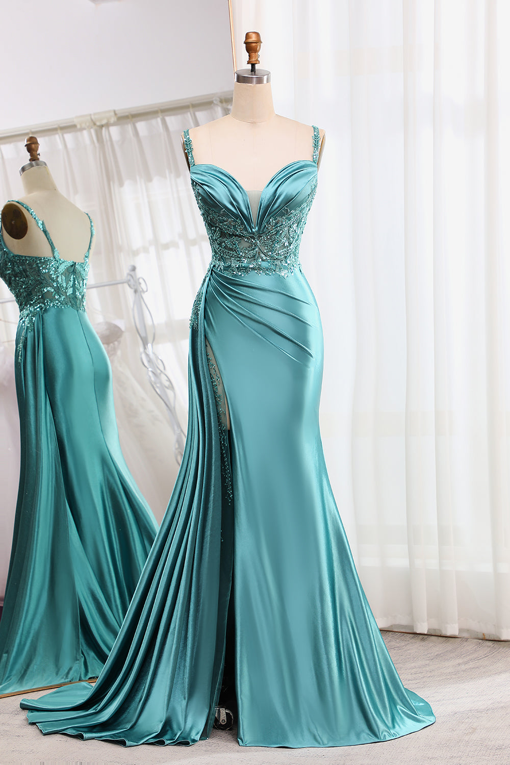 Mermaid Spaghetti Straps Long Prom Dress with Slit Floor Length Charming Evening Party Dress