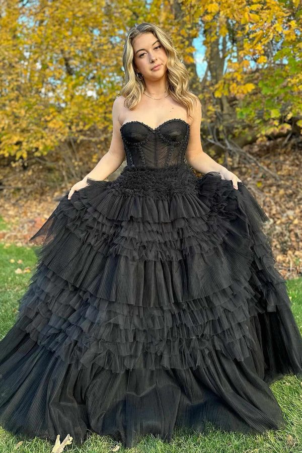 Black Sweetheart Tiered A-Line Formal Dress Strapless Long Prom Dress Charming Evening Dress