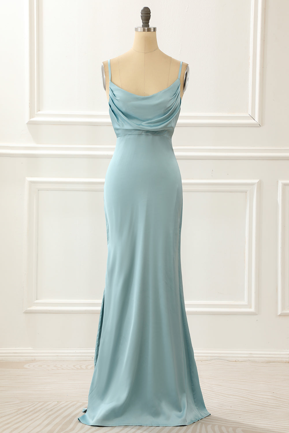 Satin Spaghetti Straps Blue Simple Prom Dress With Slit Party Dress