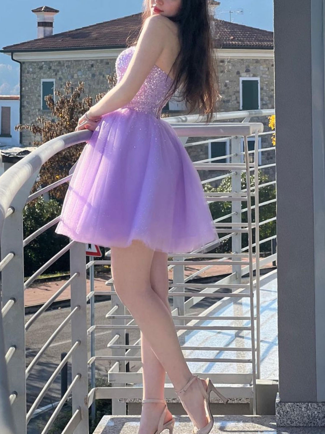 Purple Sweetheart Neck Short Prom Dress A Line Strapless Sparkly Homecoming Dress