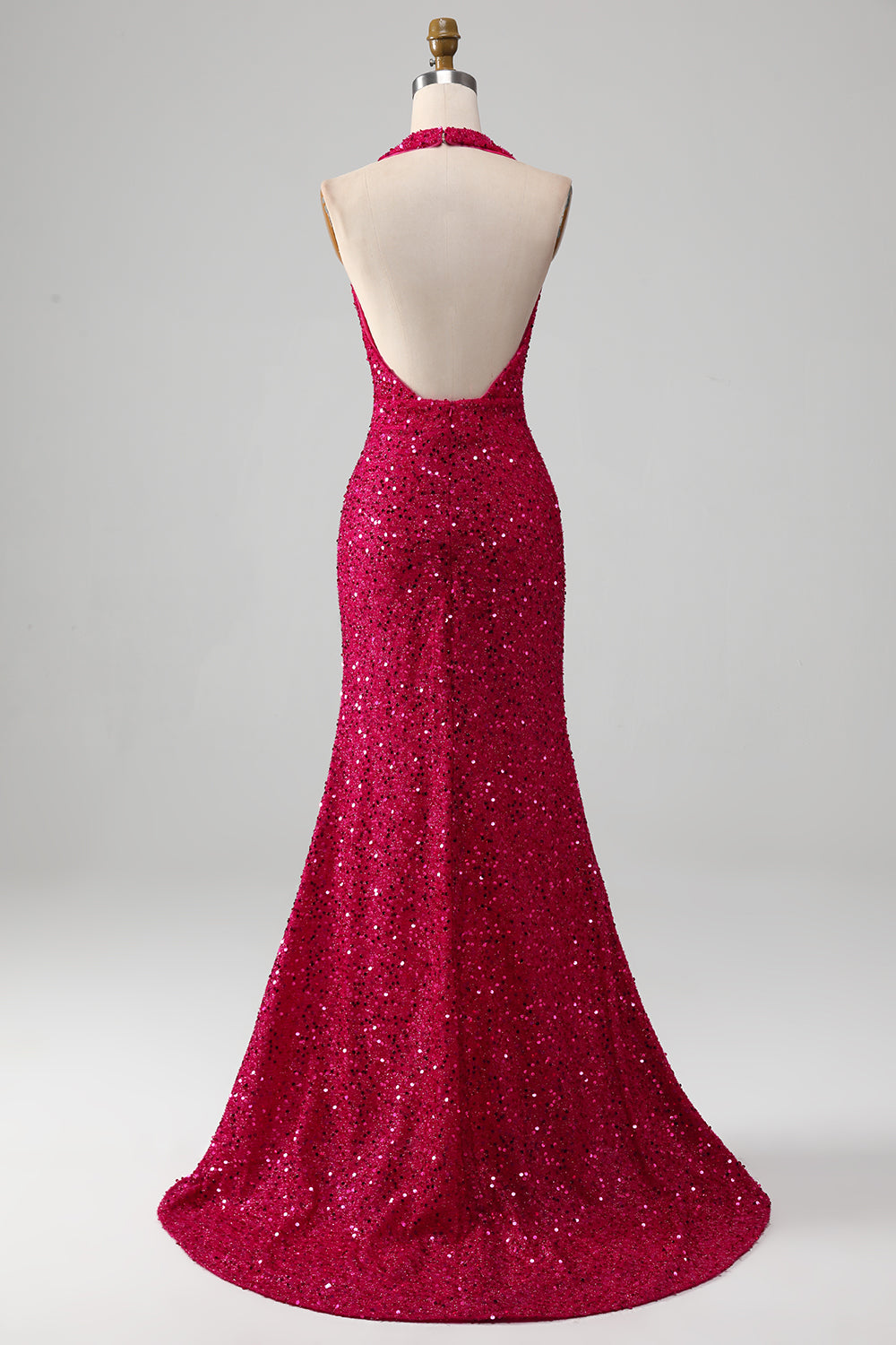 Fuchsia Mermaid Halter Sequin Prom Dress With Slit V-neck Sexy Sparkly Evening Dress