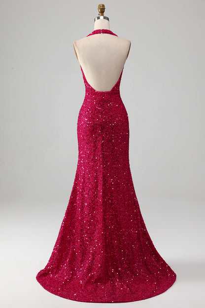 Fuchsia Mermaid Halter Sequin Prom Dress With Slit V-neck Sexy Sparkly Evening Dress