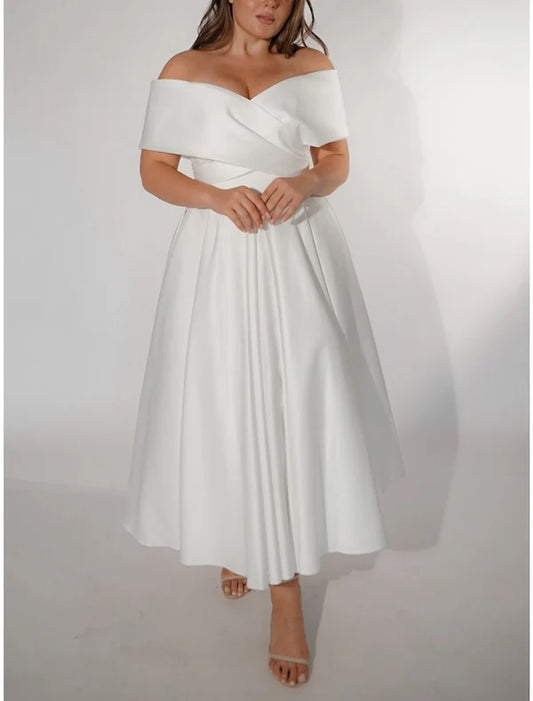 Casual Wedding Dresses A-Line Off Shoulder Short Sleeve Ankle Length Satin Bridal Gowns With Pleats