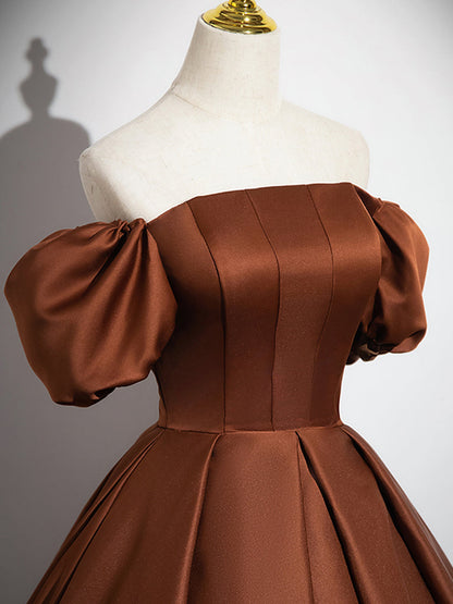 Simple Satin Brown Long Prom Dress Evening Dress Formal Dress Off Shoulder Elegant
