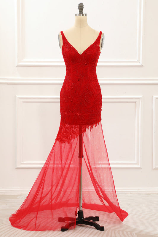 Asymmetrical Red Prom Dress With Embroidery V-neck Sexy Evening Dress