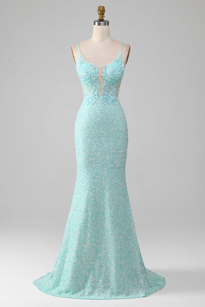 Sparkly Light Green Mermaid Long Prom Dress Open Back Beautiful