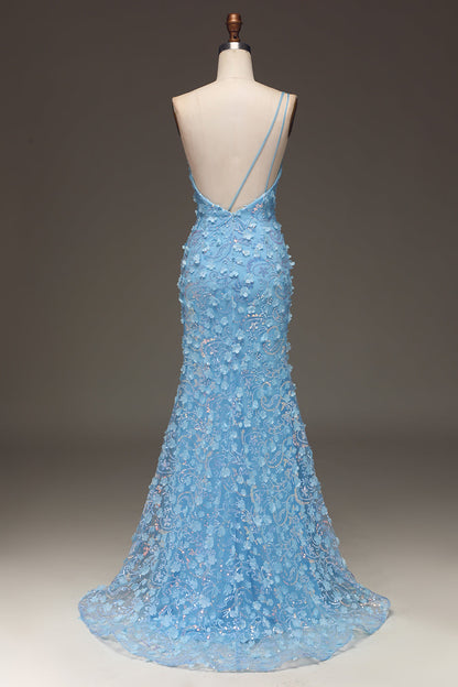Sparkly Light Blue Mermaid Long Appliqued Prom Dress With Slit One Shoulder With Flowers