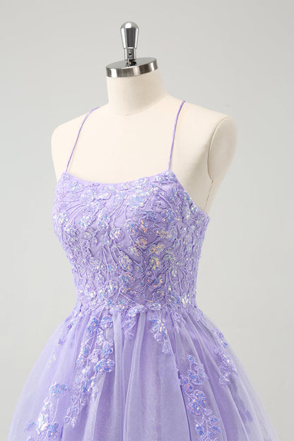 Sparkly Lilac A Line Spaghetti Straps Sequin Short Homecoming Dress with Lace Up Back Beautiful