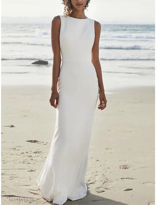 Beach Open Back Simple Wedding Dresses Sheath / Column Scoop Neck Sleeveless Sweep / Brush Train Stretch Fabric Bridal Gowns With Solid Color