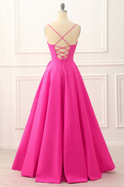Hot Pink A-Line Satin Prom Dress With Slit Floor Length Solid Color Sexy