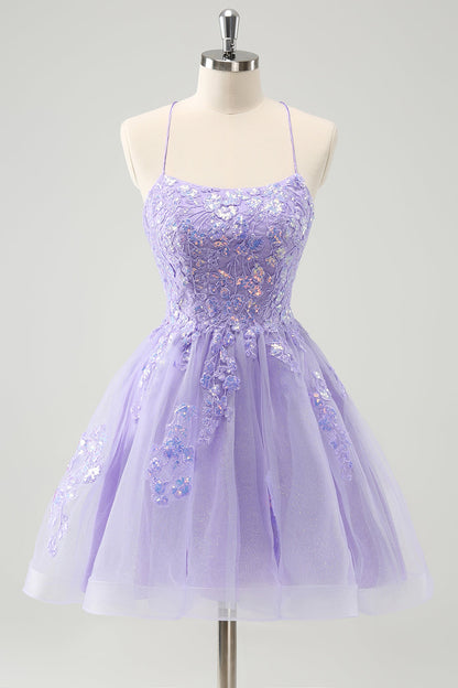 Sparkly Lilac A Line Spaghetti Straps Sequin Short Homecoming Dress with Lace Up Back Beautiful