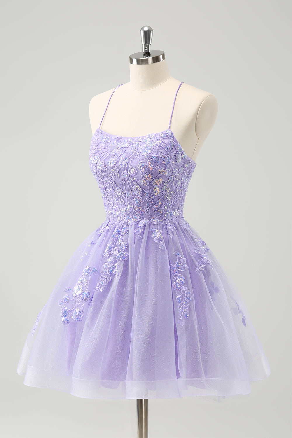 Sparkly Lilac A Line Spaghetti Straps Sequin Short Homecoming Dress with Lace Up Back Beautiful