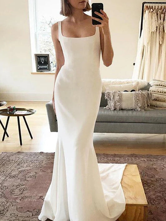 Tight straight tube elastic crepe shoulder strap sleeveless sweeping ruffle edge wedding dress Beautiful