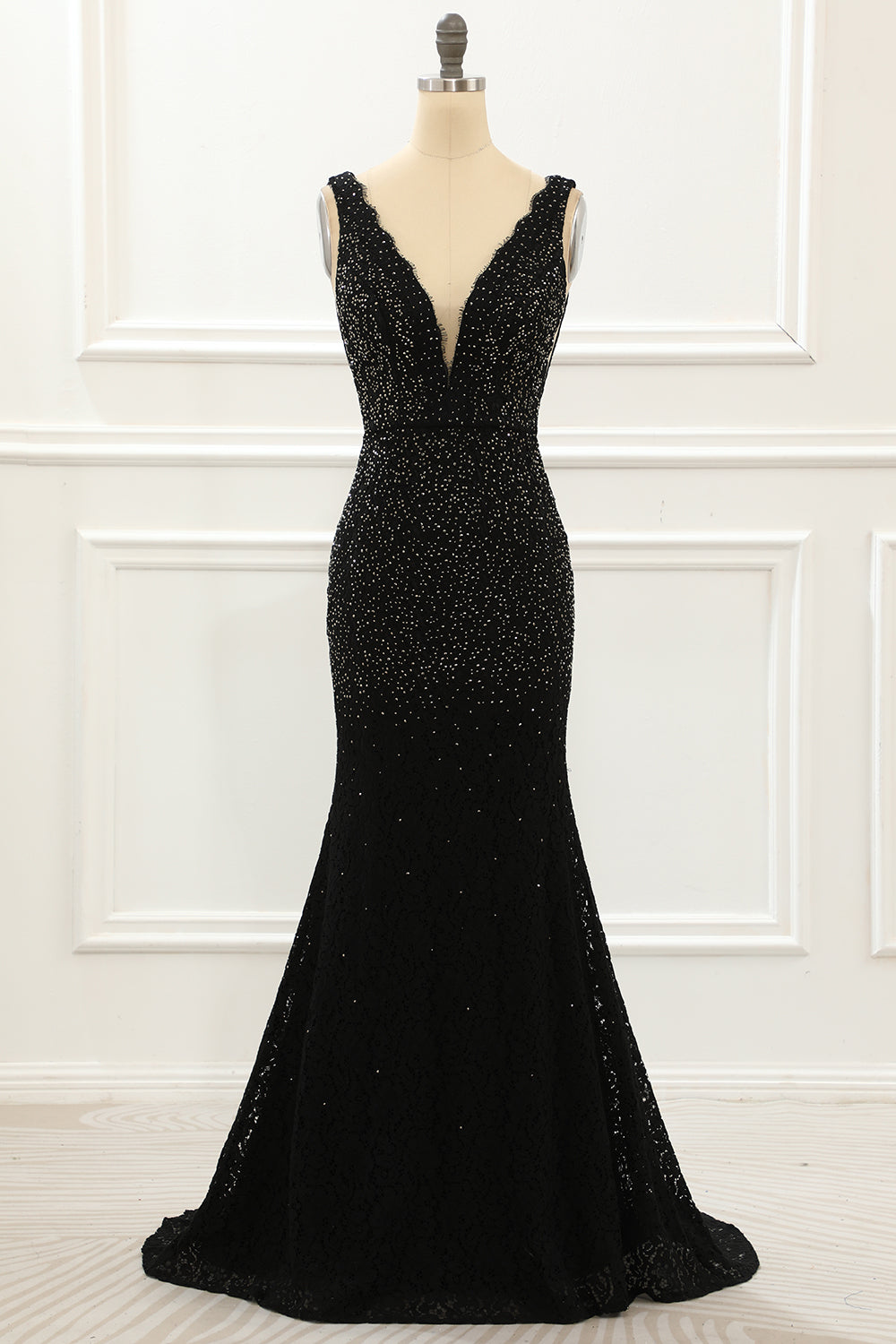 Black Deep V Neck Lace Mermaid Prom Dress With Beading Floor Length Sexy