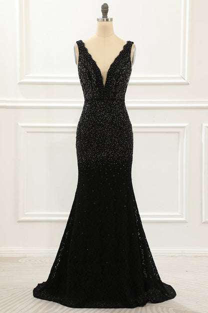 Black Deep V Neck Lace Mermaid Prom Dress With Beading Floor Length Sexy