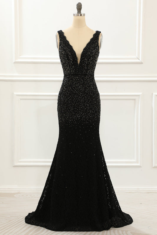 Black Deep V Neck Lace Mermaid Prom Dress With Beading Floor Length Sexy