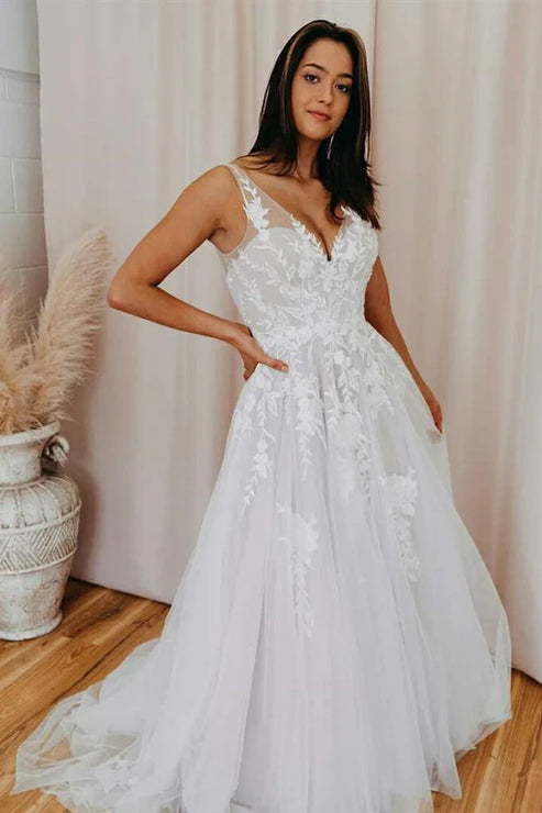 A-Line V Back Long White Wedding Dress with Lace Appliqued Open Back Beautiful