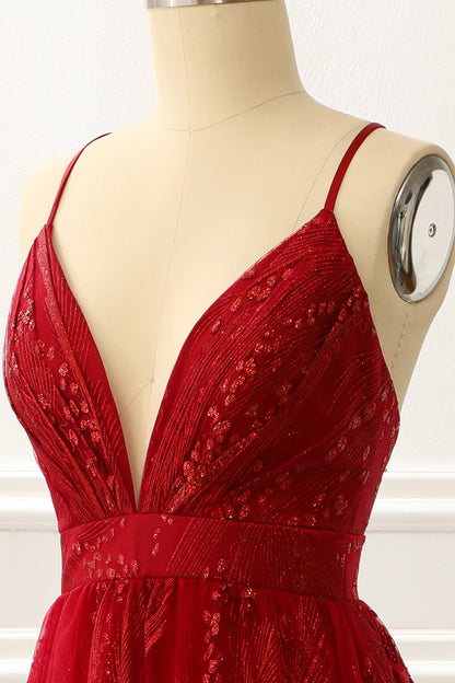Spaghetti Straps Burgundy A Line Princess Prom Dress V-neck Sexy